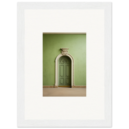 Arched green door with carved details in the Verdant Illusion Sphere framed wall art