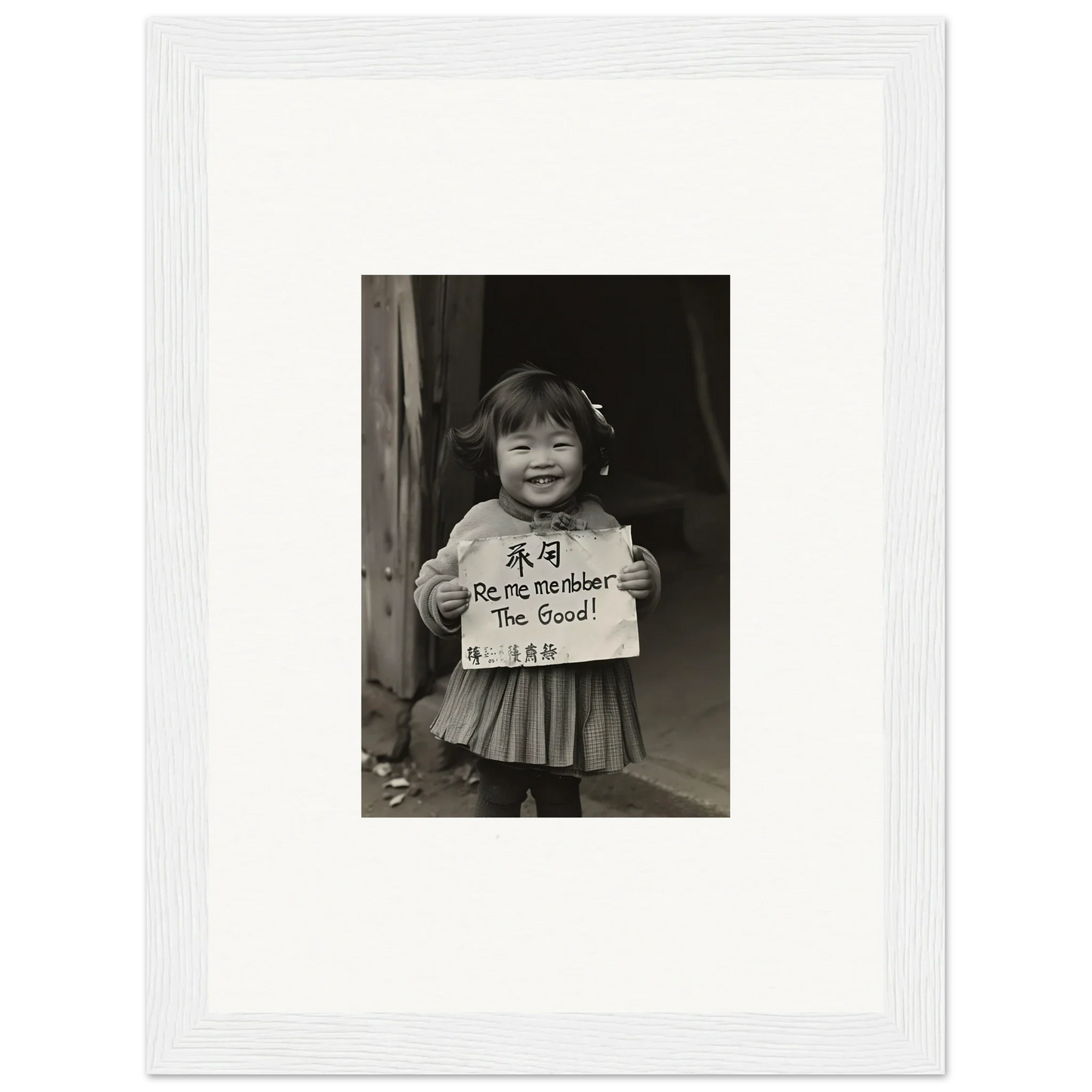 Black and white photo of a child with a sign, perfect for Ephemeral Joy Imbibed art