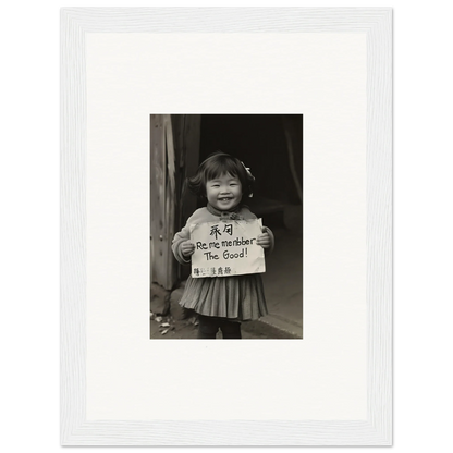 Black and white photo of a child with a sign, perfect for Ephemeral Joy Imbibed art