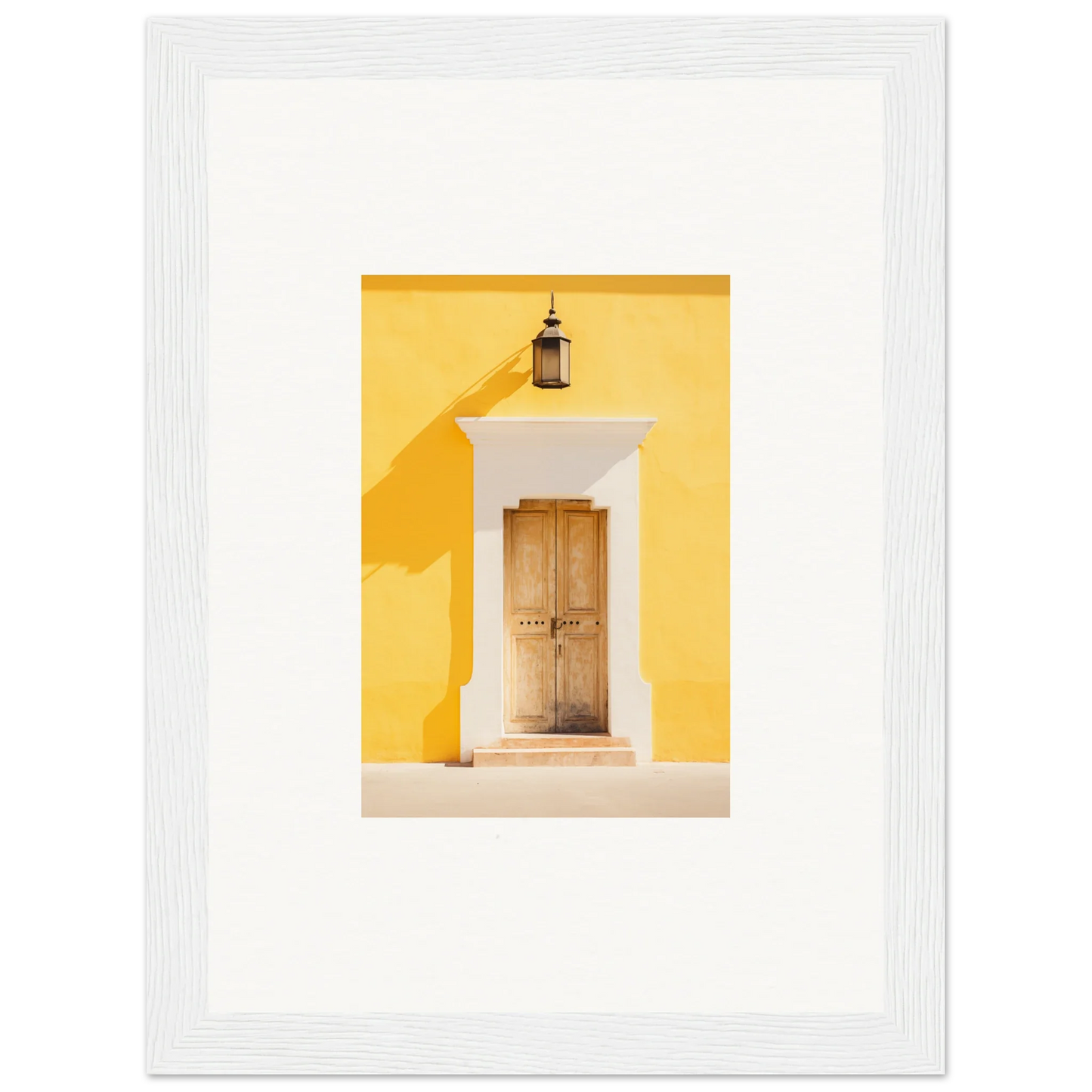 Wooden door on yellow wall with lantern, perfect for Golden Hue Portal framed wall art