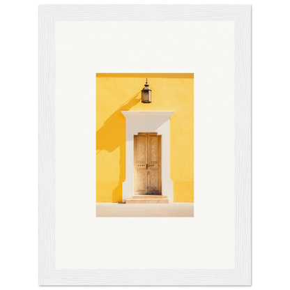 Wooden door on yellow wall with lantern, perfect for Golden Hue Portal framed wall art