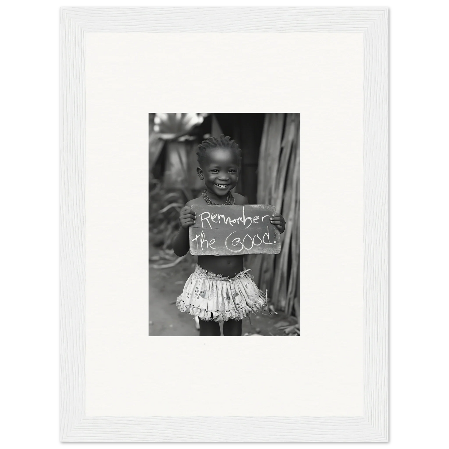 Black and white photo of a child holding a Remember the Good sign for Chromatic Joy Ancients