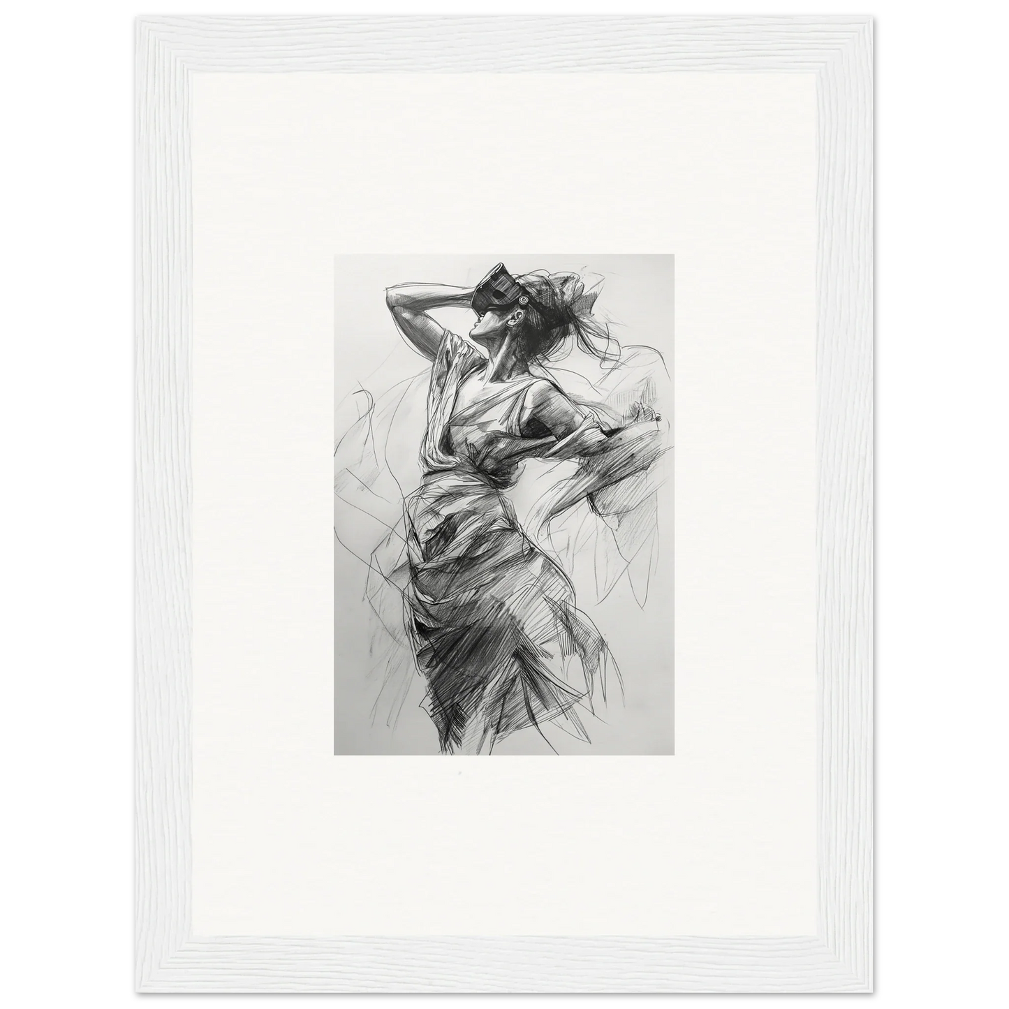 Expressive charcoal sketch of a figure in motion for Veiled Revisionist Muse framed wall art