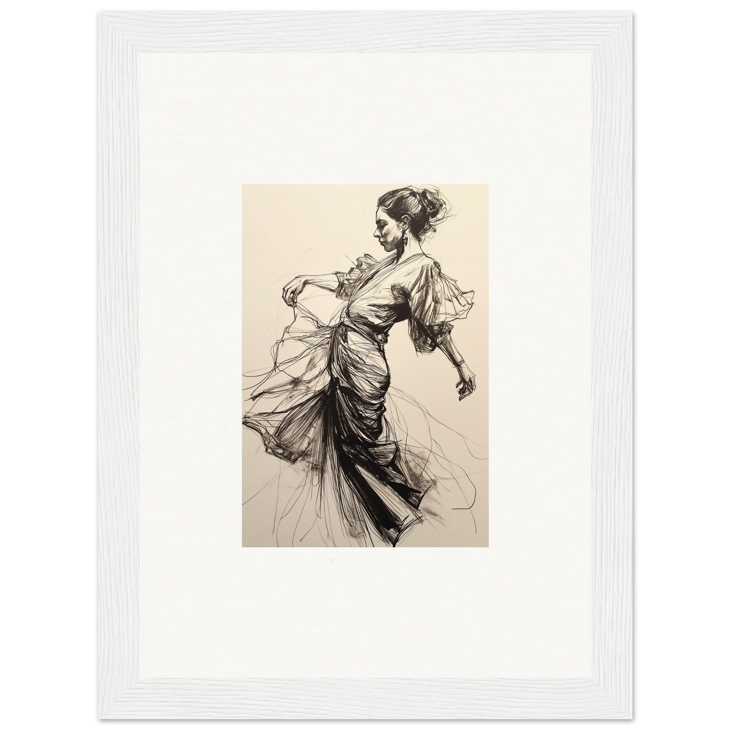 Elegant sketch of a figure in flowing dress for Ephemeral Ink Serenade framed wall art