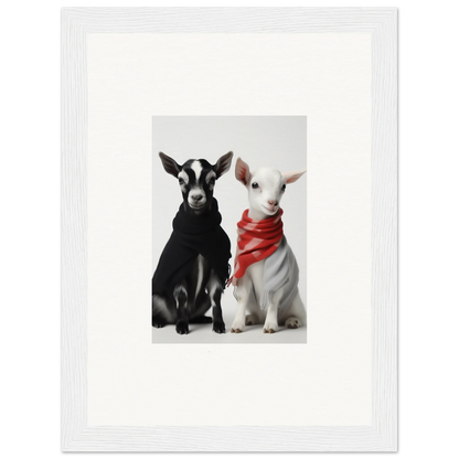 Two goats in red bandanas chillin’ together in Rainbow Twin Dreams framed wall art