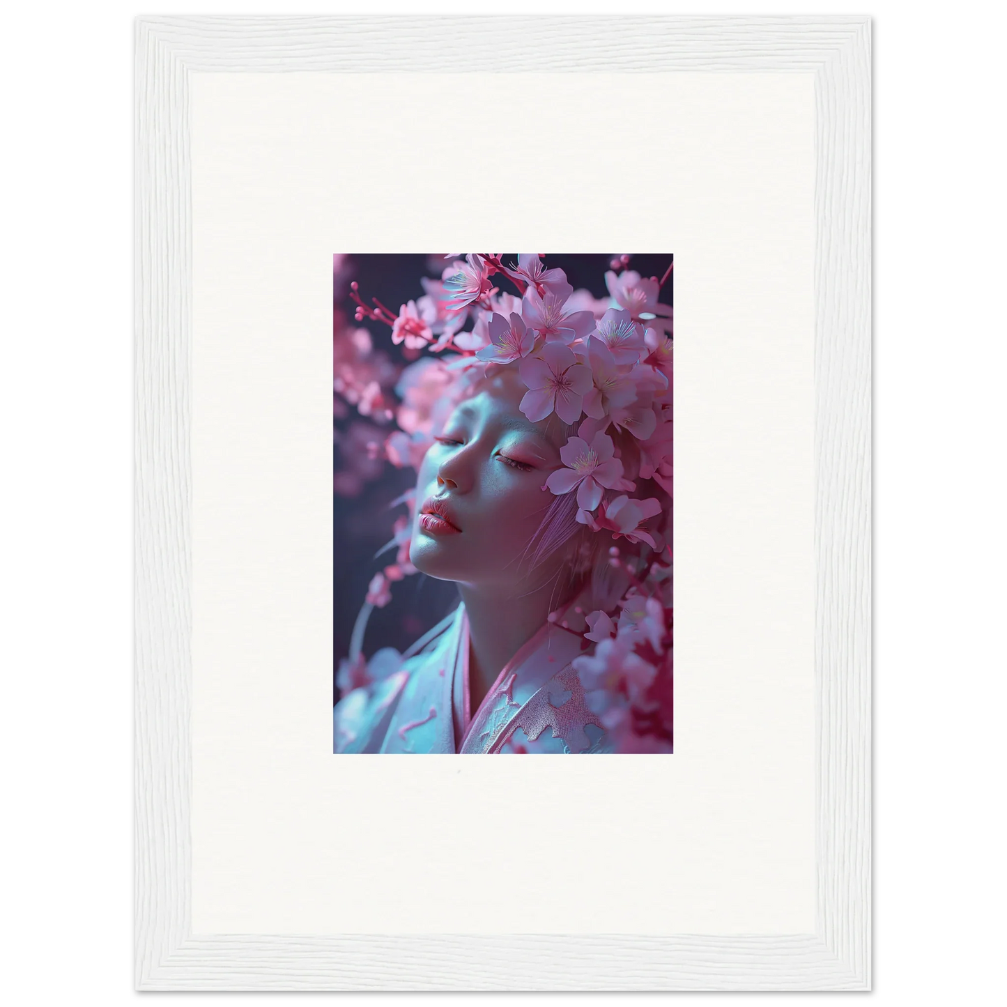 Framed wall art of a person among pink cherry blossoms for stylish room decoration