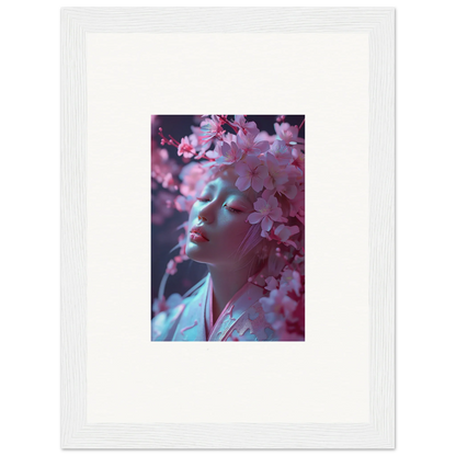 Framed wall art of a person among pink cherry blossoms for stylish room decoration