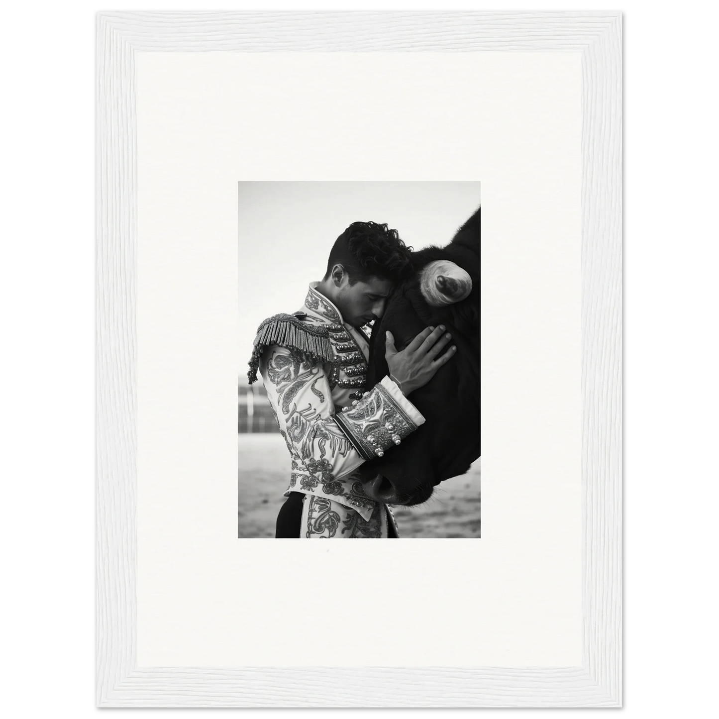 Black and white photo of a person in an ornate jacket petting a horse, Triumphant Shadows Embrace