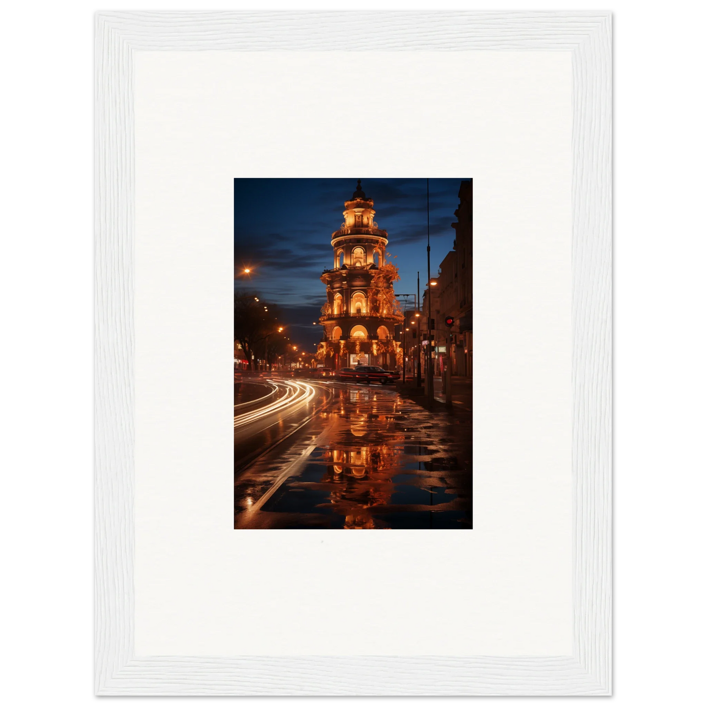 Luminous Neo’ici Dops special edition art of clock tower reflecting on wet street at night