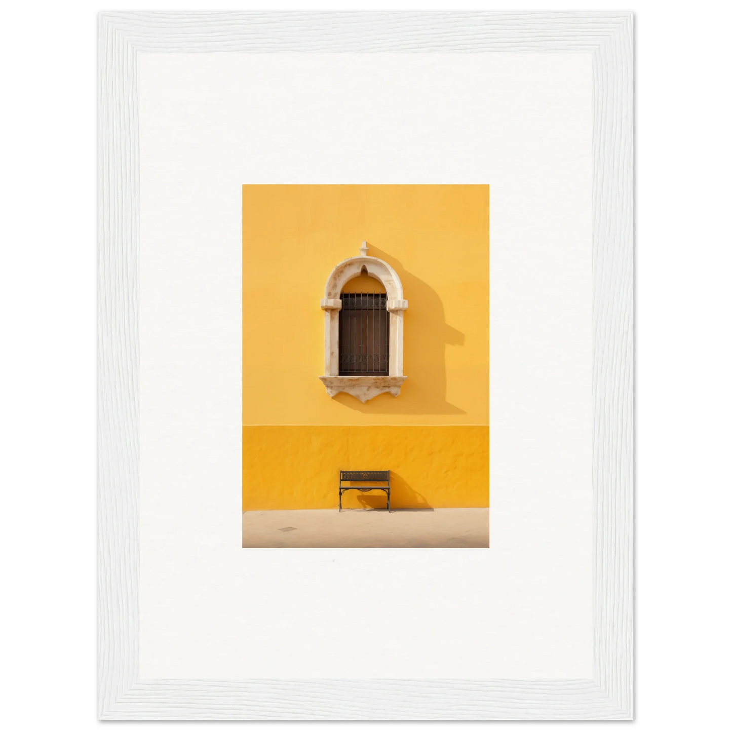 Wooden window in arched stone frame on a yellow wall, perfect for a premium framed wall