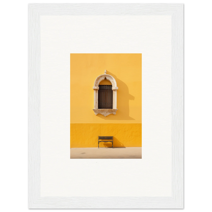 Wooden window in arched stone frame on a yellow wall, perfect for a premium framed wall