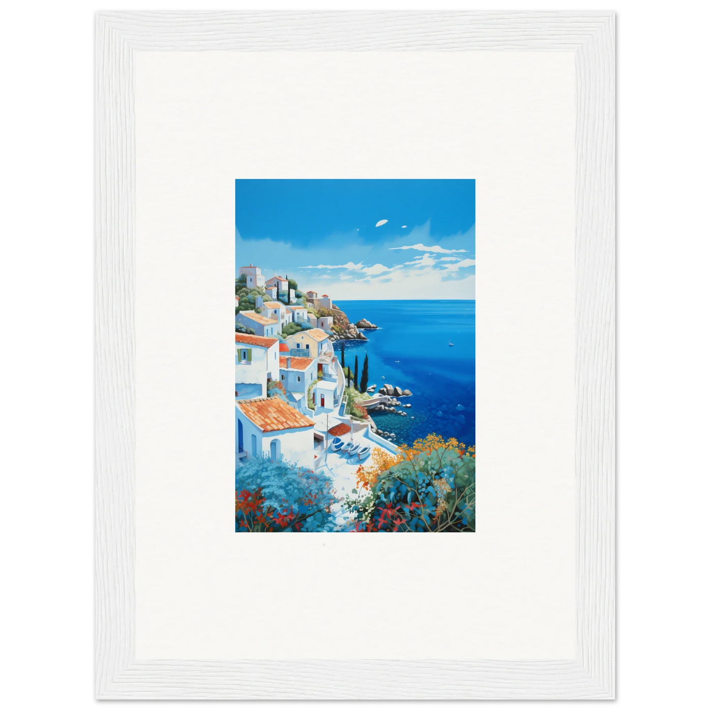 Mediterranean coastal village painting in Sunlit Dreamscape Promise art piece