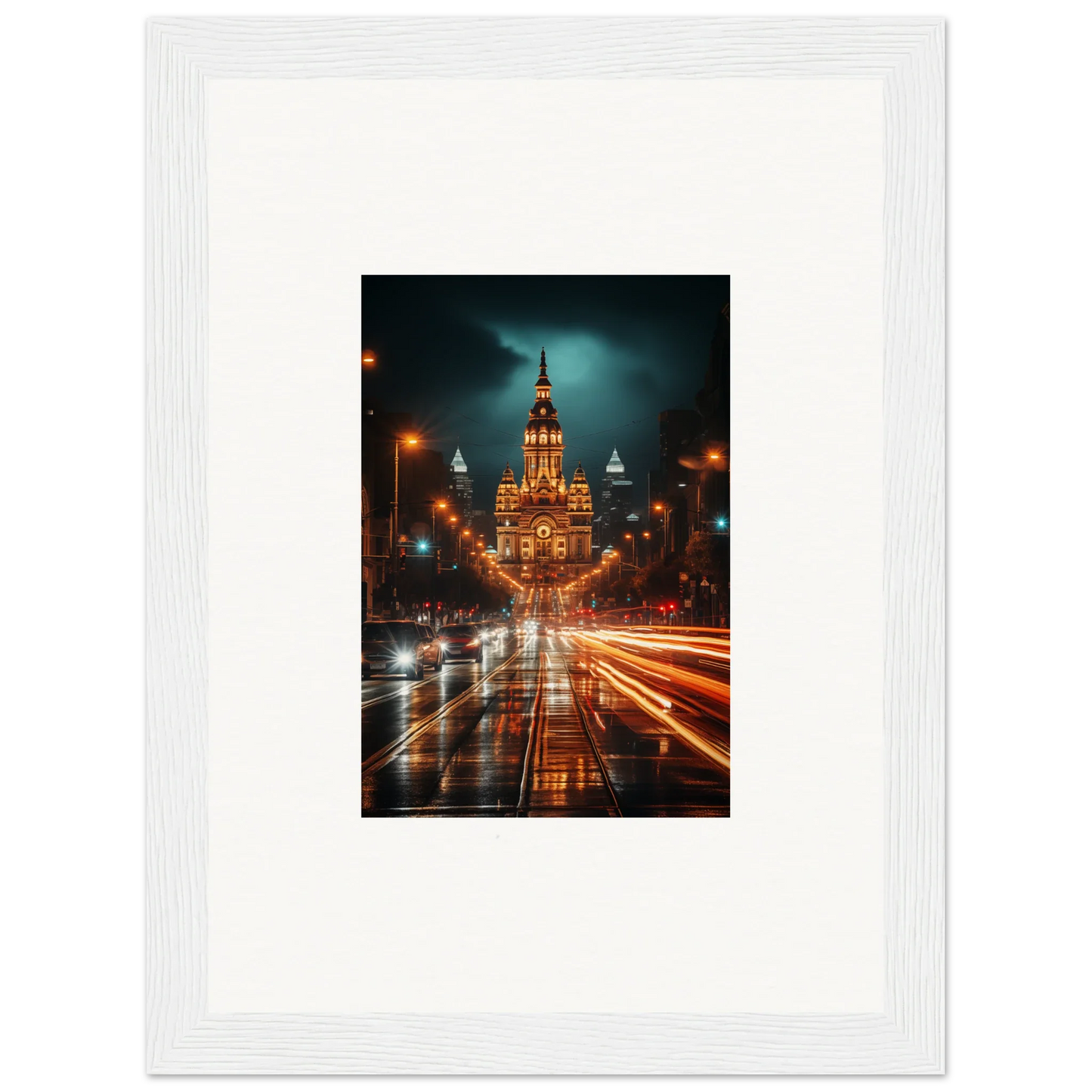 Illuminated Gothic building with light trails on a rainy night in Radiant Urban Reverie