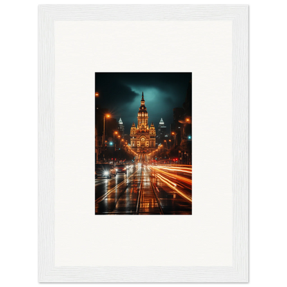 Illuminated Gothic building with light trails on a rainy night in Radiant Urban Reverie