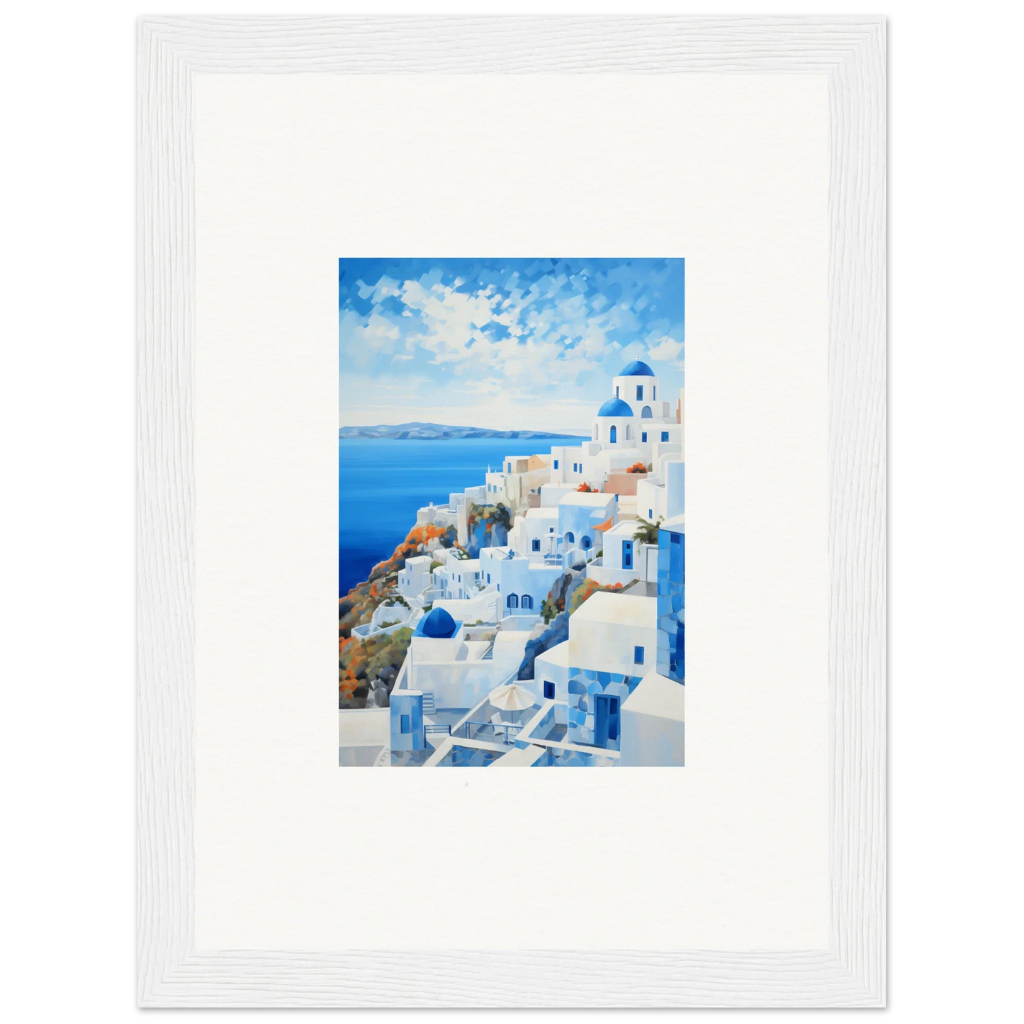 Framed watercolor painting of Santorini in premium framed wall art for your home