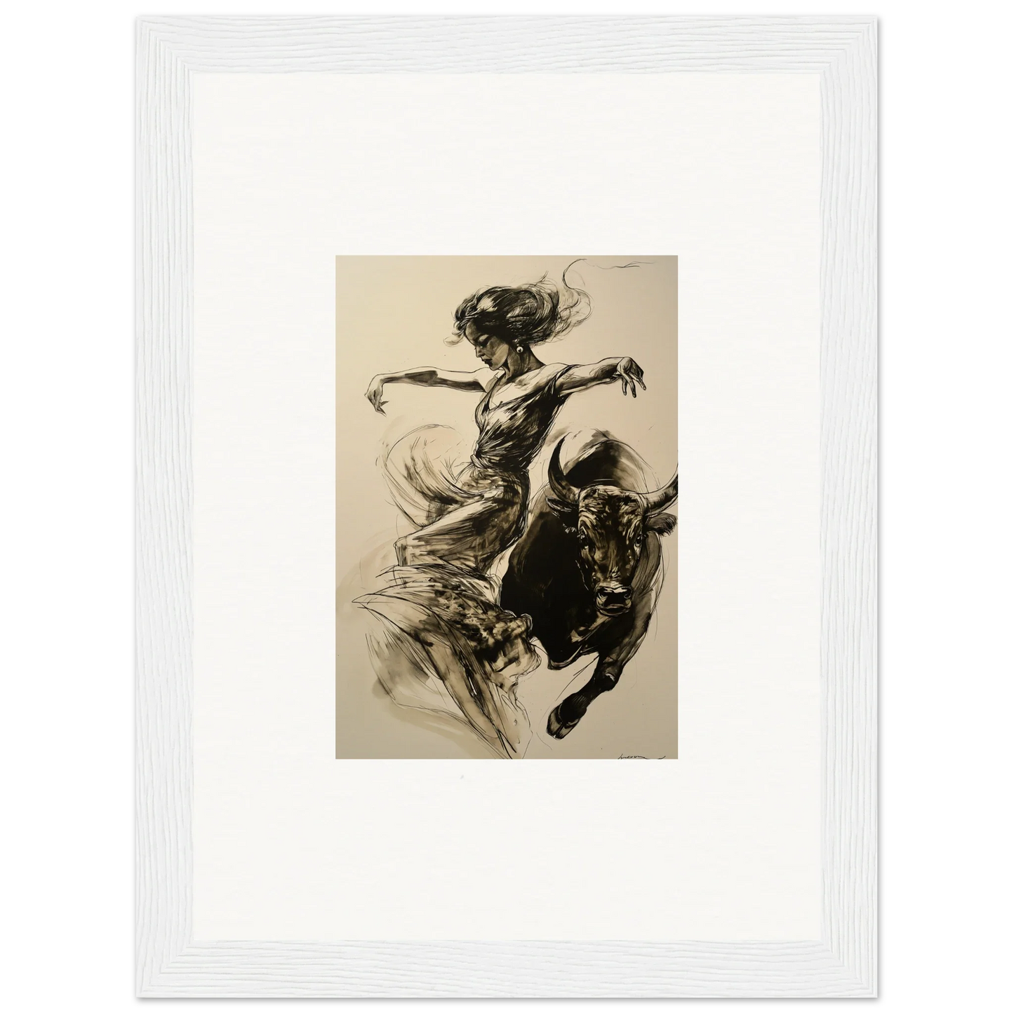 Dynamic black and white bullfighter sketch in Resilient Dancer Flame framed wall art