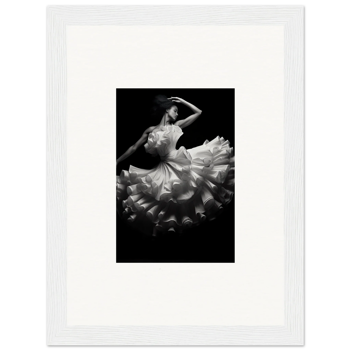 Dancer in a flowing white ruffled dress, part of Nocturnal Flourishbyen special edition art™