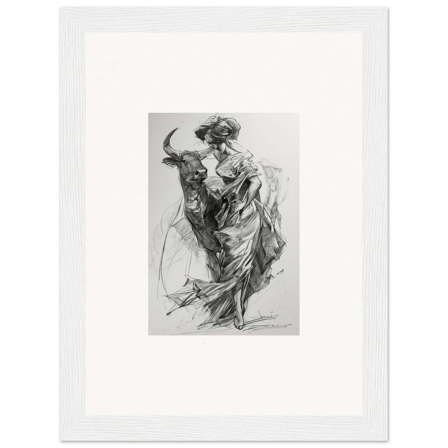 Black and white sketch of a matador with a bull from Ebullient Abstract Liaisons framed wall art