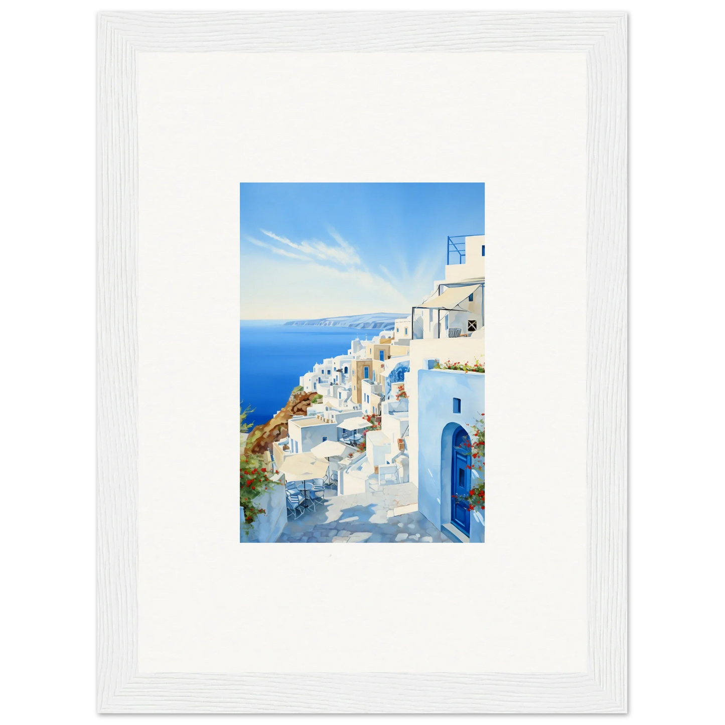 White-framed photo of Santorini’s blue-domed buildings for Mediterranean Serenity Remastered