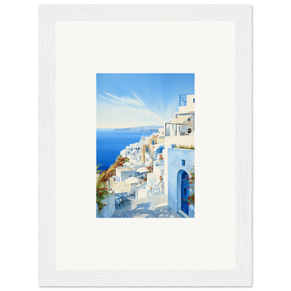 White-framed photo of Santorini’s blue-domed buildings for Mediterranean Serenity Remastered