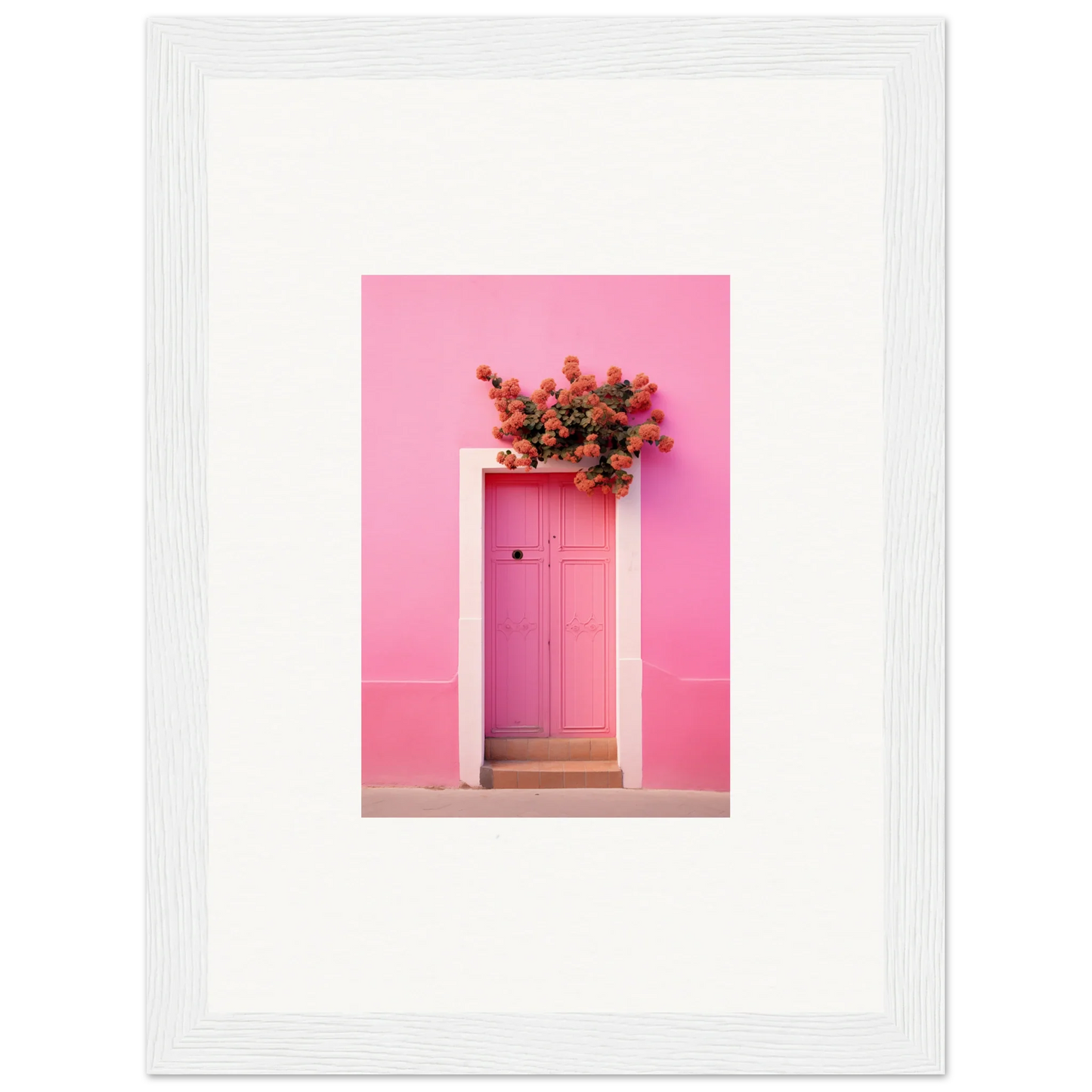 Bright pink door with red flowers, perfect for Quantum Pink Serenade framed wall art