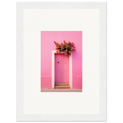 Bright pink door with red flowers, perfect for Quantum Pink Serenade framed wall art