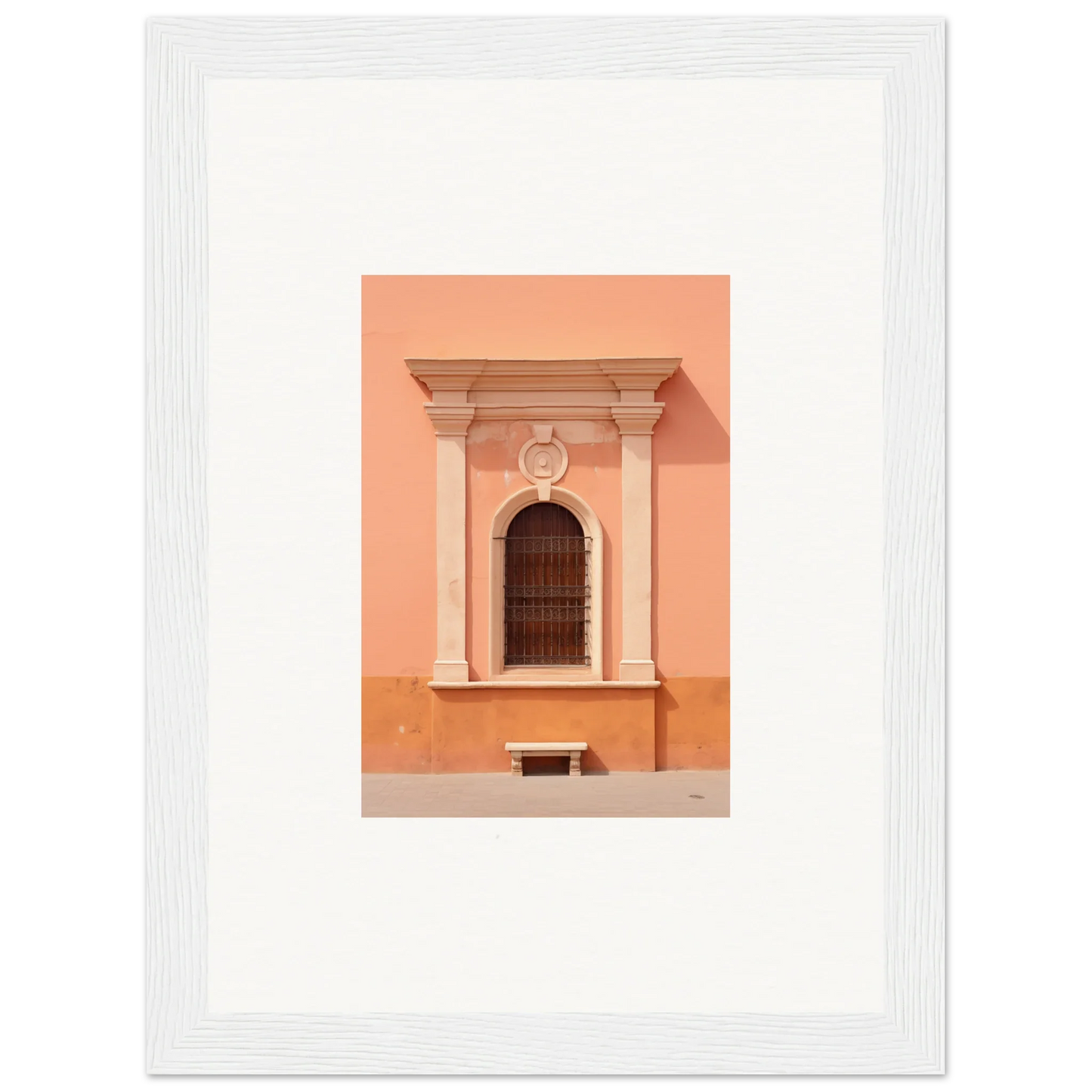 Ornate arched window with columns on peach wall, featured in Silent Sunset Oblique art