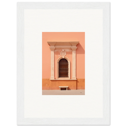 Ornate arched window with columns on peach wall, featured in Silent Sunset Oblique art