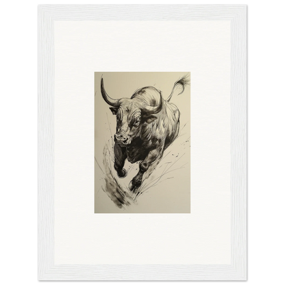 Charging bull in bold black and white brushstrokes for Ebullient Storm Release framed wall art