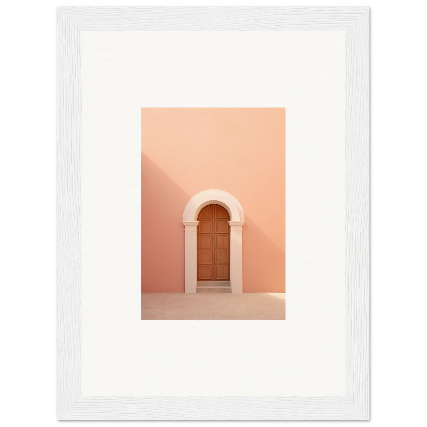 Wooden door in a curved archway on a peachy-pink wall from Silent Coral Dreams collection