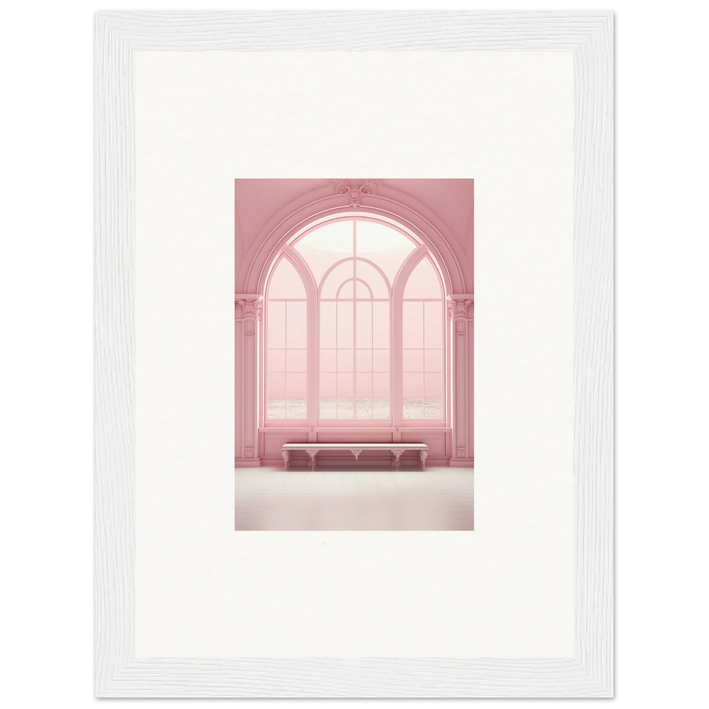 Arched pink window with bench in Solitude’s Rosy Asana framed wall art design