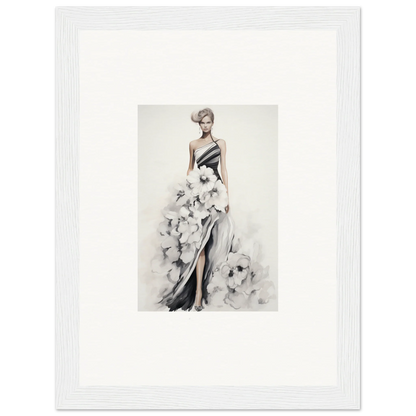 Fashion illustration of an elegant evening gown, part of Dreamy Blossom Mirage framed wall art