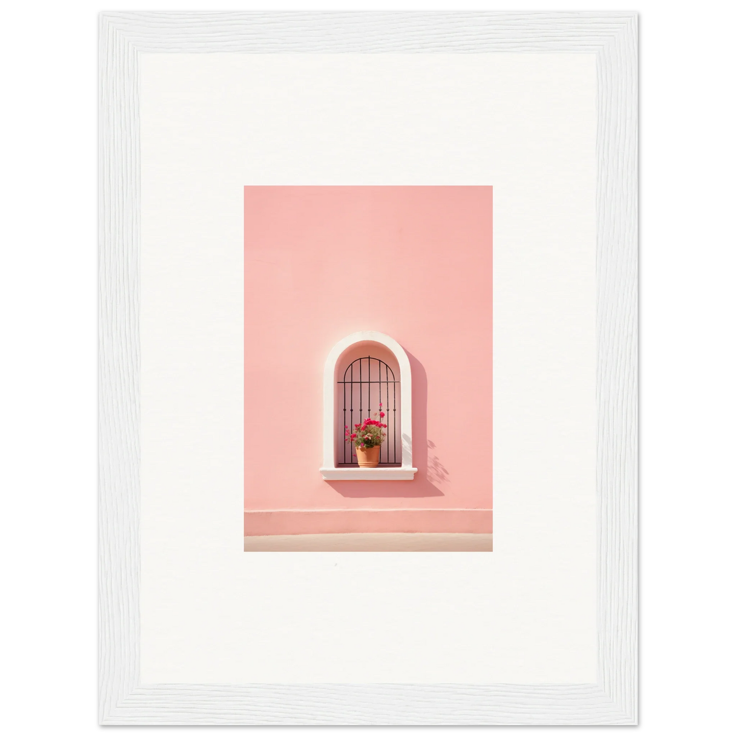 Arched window with decorative bars and a potted plant in Sunset Silhouette Romance art