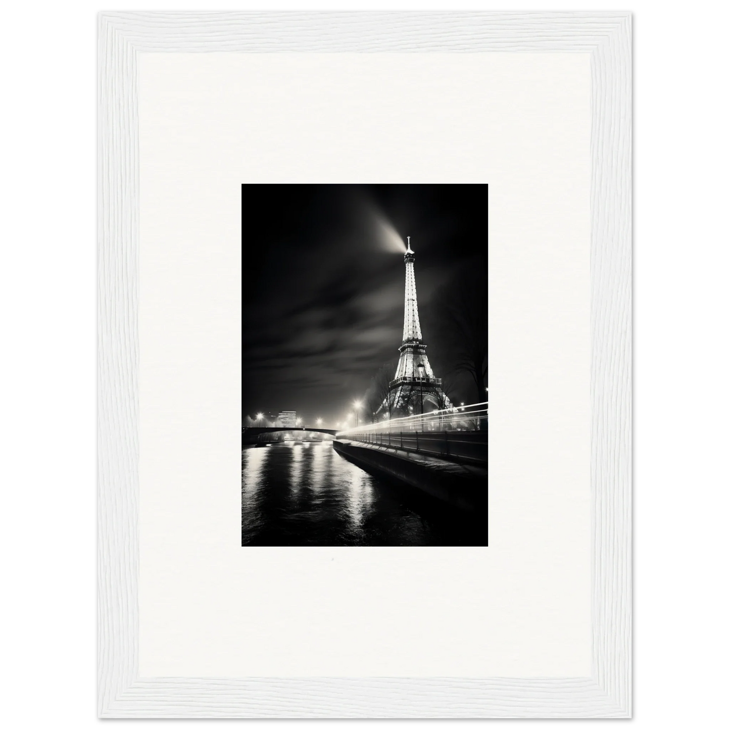 Black and white photo of the illuminated Eiffel Tower in Paris Radiates Eleepizarre framed wall art