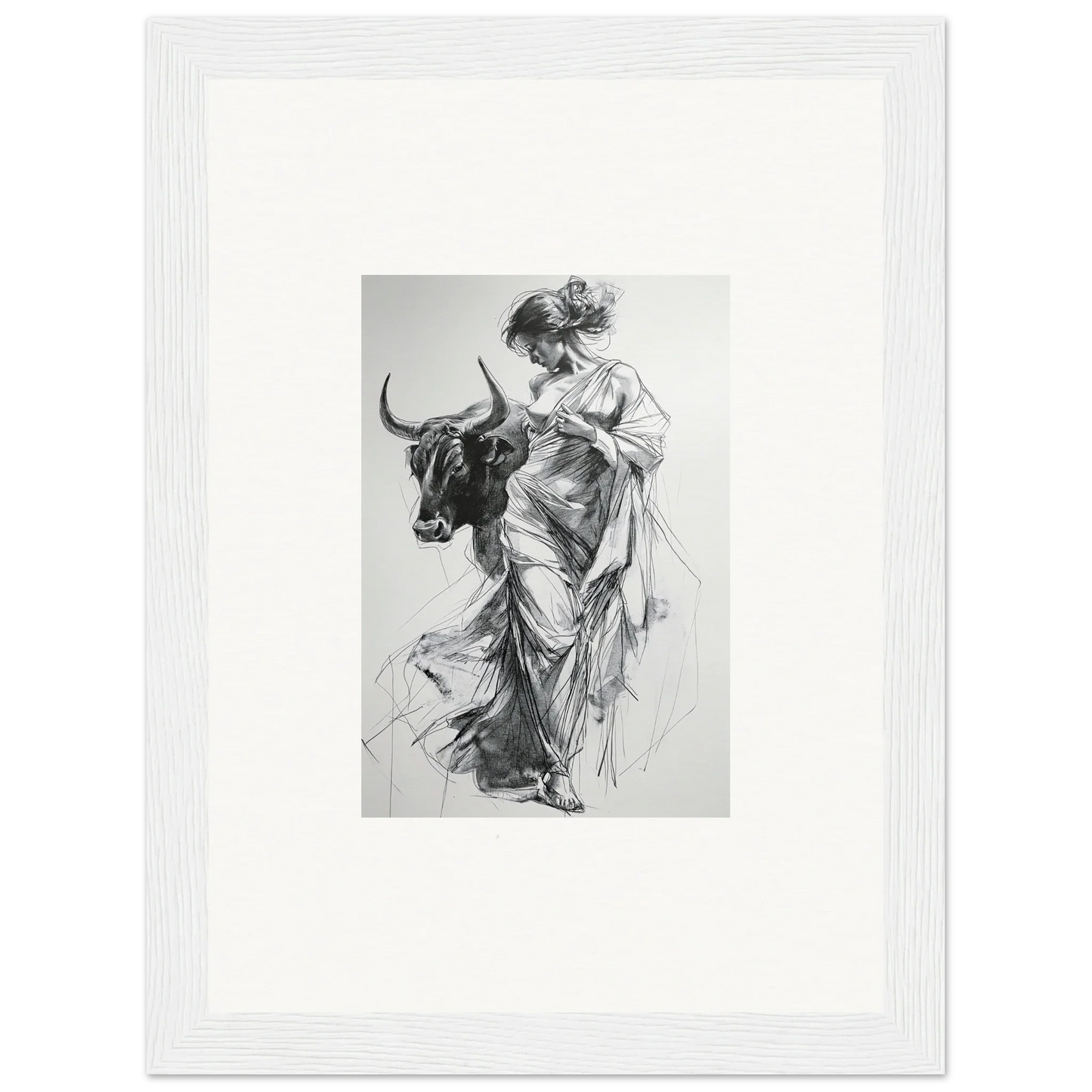 Black and white sketch of a figure in robes beside a bull, perfect for premium framed wall art