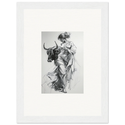 Black and white sketch of a figure in robes beside a bull, perfect for premium framed wall art