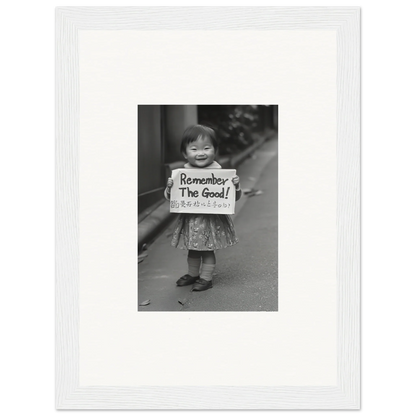 Black and white photo of a child holding a Remember The Good sign for Whimsy Echo Memory