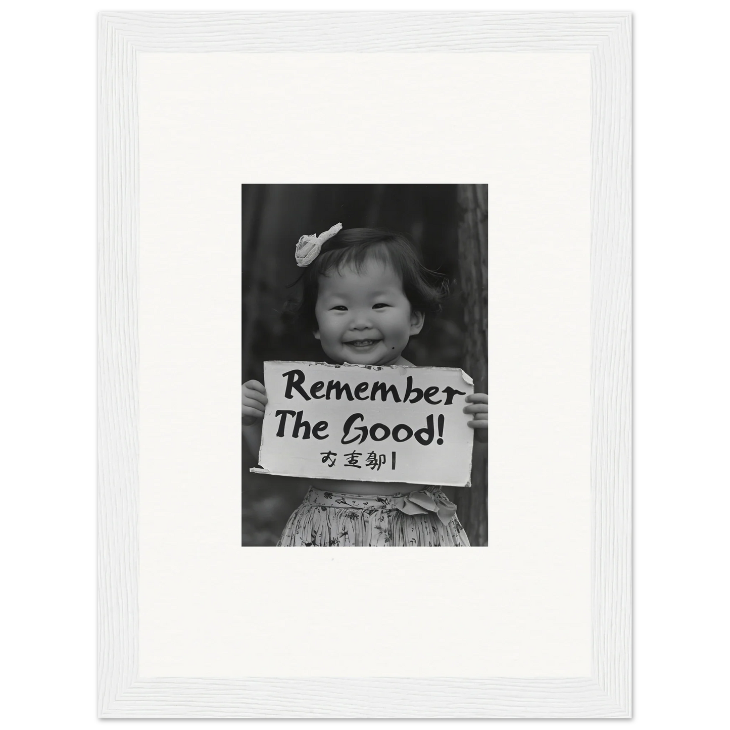 Smiling child with Remember The Good sign in Innocent Memory Echoes premium framed wall art