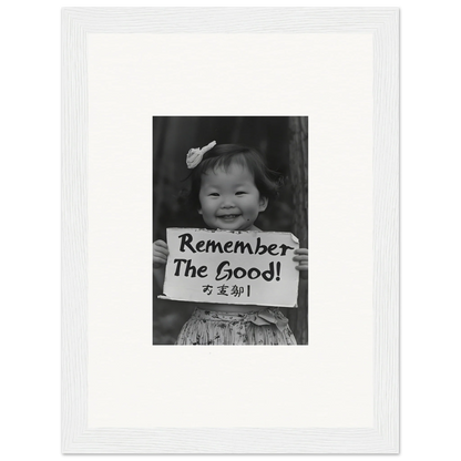 Smiling child with Remember The Good sign in Innocent Memory Echoes premium framed wall art