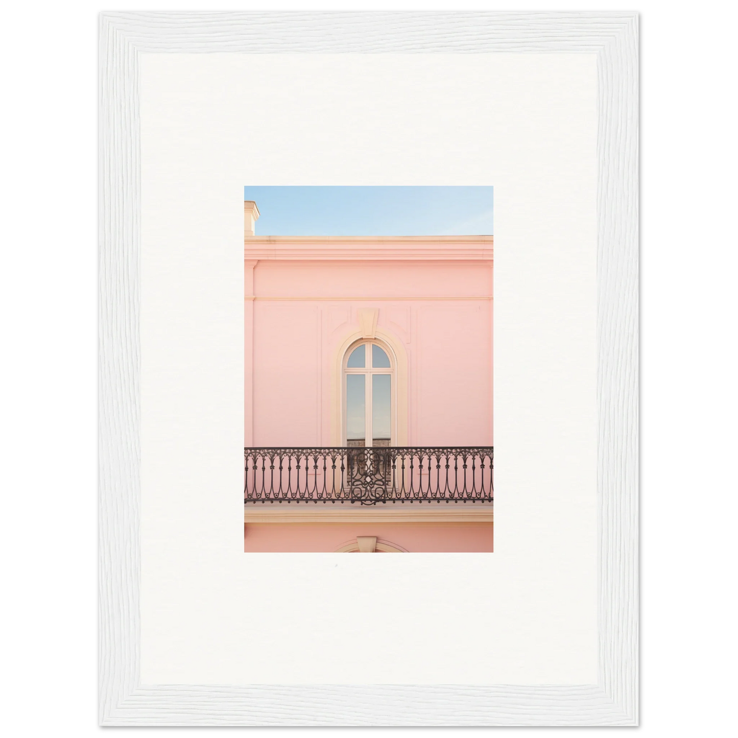 Arched window with a decorative balcony on pink wall from Peach Tranquil Portal framed art