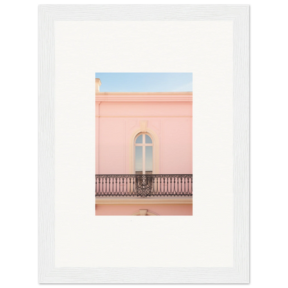 Arched window with a decorative balcony on pink wall from Peach Tranquil Portal framed art