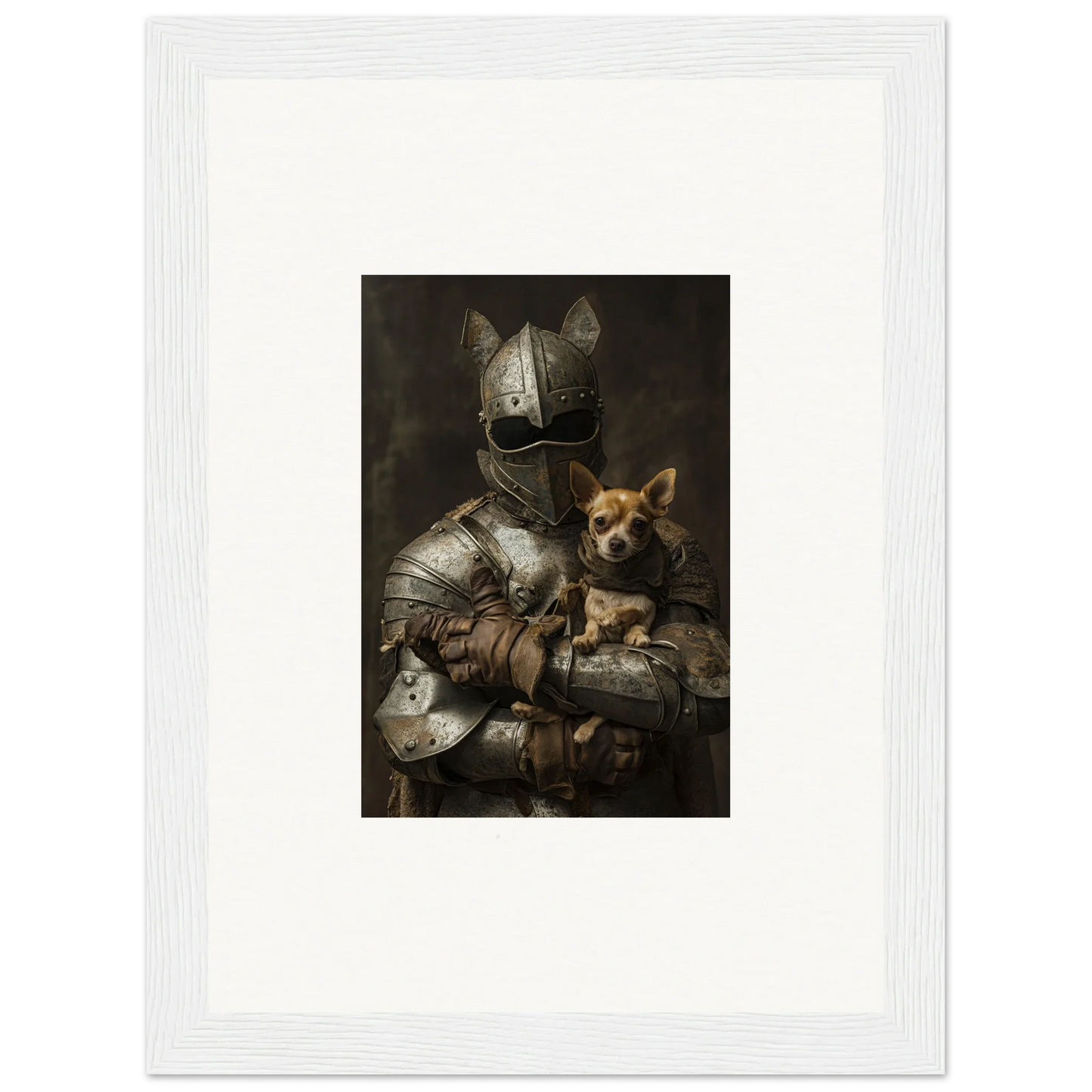 Medieval knight in armor cradling a Chihuahua in Serene Steel Whispers wall art