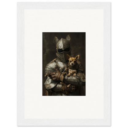 Medieval knight in armor cradling a Chihuahua in Serene Steel Whispers wall art