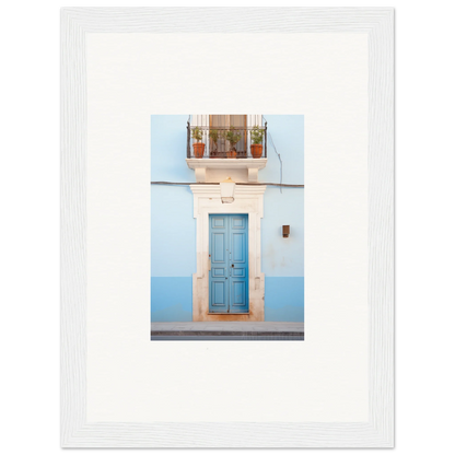 Blue wooden door with white stone frame and balcony in Ethereal Azul Entrance art