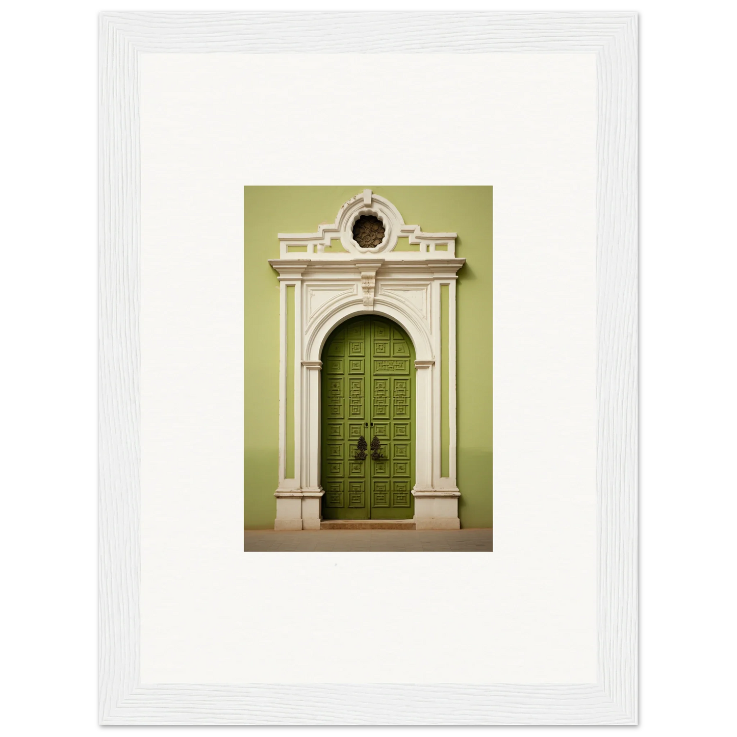 Ornate green door with white stone archway in Verdant Sentry Whispers artwork