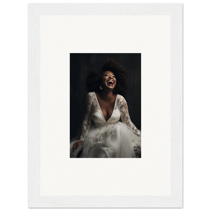 Joyful person in a white lace wedding dress from Timeless Essence Laughter framed art