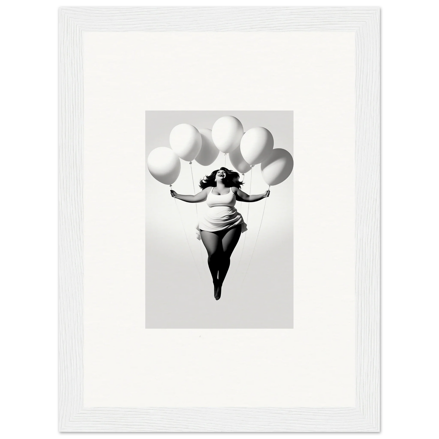 A figure with white balloons floats in a black and white frame, Rosy Liberties Soar art