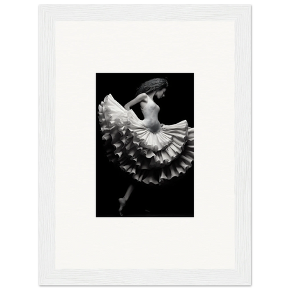 Dancer in a ruffled dress twirls, showcasing Ethereal Waltz Silence framed wall art