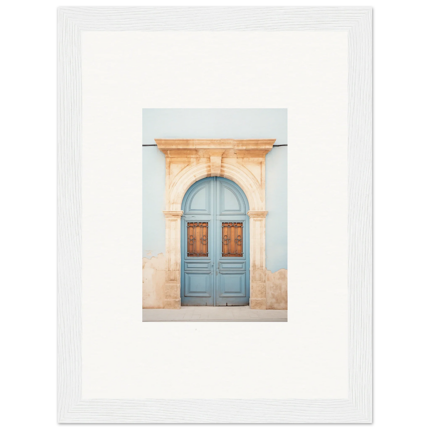 Light blue wooden door with peach stone arch in special edition art framed poster