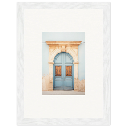 Light blue wooden door with peach stone arch in special edition art framed poster